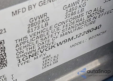 2021 Chevrolet Traverse Awd Lt Cloth из США, поврежденный, VIN 1GNEVGKW9MJ228040